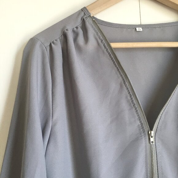 Grey Semi Sheer Lightweight Zip Collar Droptail Hem Blouse - Picture 3 of 16